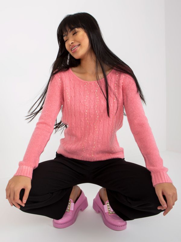 Didmenininkas Purvinas rožinis moteriškas megztinis su aplikacija