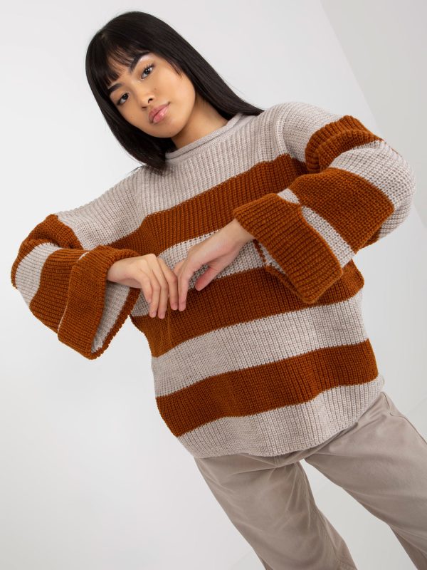 Didmenininkas Šviesiai rudos ir smėlio spalvos moteriškas dryžuotas negabaritinis megztinis